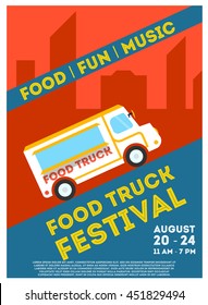 Food truck festival flyer or poster, menu food brochure, vector illustration. Layout template in A4 size. Party invitation