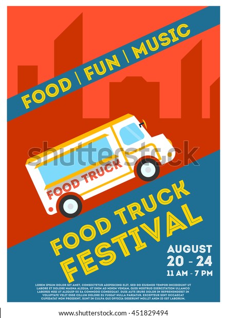Food truck festival flyer or poster, menu food\
brochure, vector illustration. Layout template in A4 size. Party\
invitation
