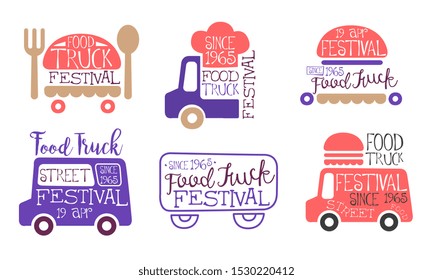 Food Truck Festival Labels Set, Street Food Vintage Emblems Vector Illustration