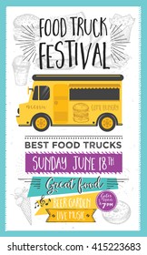 Food truck festival menu food brochure, street food template design. Vintage creative party invitation with hand-drawn graphic. Vector food menu flyer. Hipster menu board.