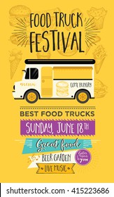 Food truck festival menu food brochure, street food template design. Vintage creative party invitation with hand-drawn graphic. Vector food menu flyer. Hipster menu board.