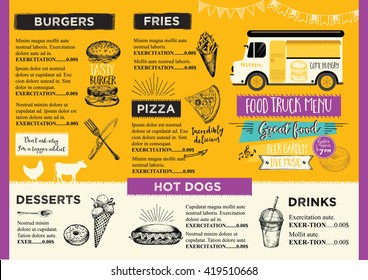Food truck festival menu food brochure, street food template design. Vintage creative party invitation with hand-drawn graphic. Vector food menu flyer. Hipster menu board.