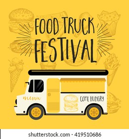 Food truck festival menu food brochure, street food template design. Vintage creative party invitation with hand-drawn graphic. Vector food menu flyer. Hipster menu board.