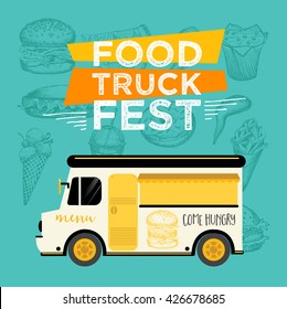 Food truck festival menu food brochure, street food template design. Vintage creative party invitation with hand-drawn graphic. Vector food menu flyer. Hipster menu board.