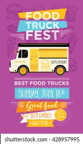 Food truck festival menu food brochure, street food template design. Vintage creative party invitation with hand-drawn graphic. Vector food menu flyer. Hipster menu board.