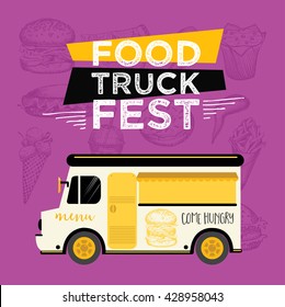 Food truck festival menu food brochure, street food template design. Vintage creative party invitation with hand-drawn graphic. Vector food menu flyer. Hipster menu board.