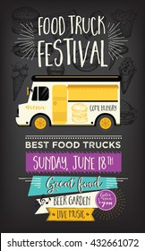 Food truck festival menu food brochure, street food template design. Vintage creative party invitation with hand-drawn graphic. Vector food menu flyer. Hipster menu board.