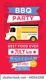 Food truck festival menu food brochure, street food template design. Vintage creative party invitation with hand-drawn graphic. 