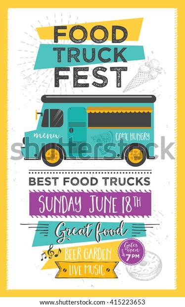 Food truck festival\
menu food brochure, street food template design. Vintage creative\
party invitation with hand-drawn graphic. Vector food menu flyer.\
Hipster menu board.