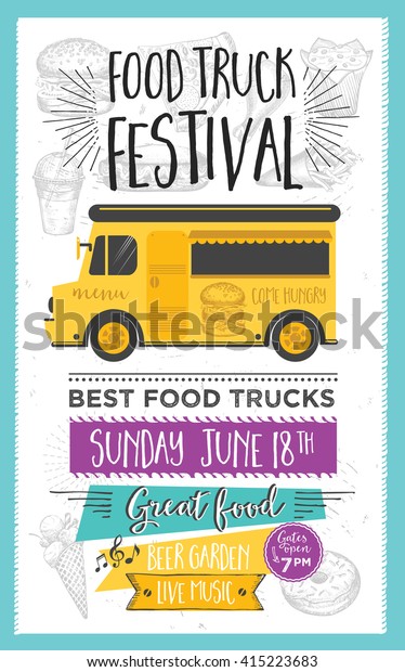 Food truck festival
menu food brochure, street food template design. Vintage creative
party invitation with hand-drawn graphic. Vector food menu flyer.
Hipster menu board.