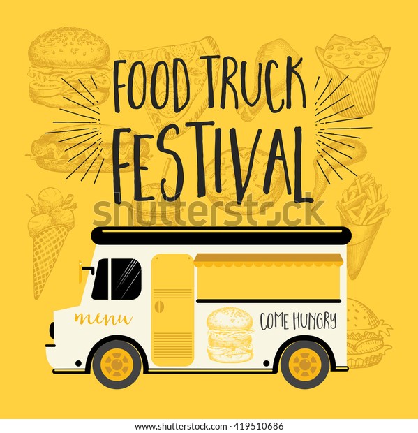 Food truck festival\
menu food brochure, street food template design. Vintage creative\
party invitation with hand-drawn graphic. Vector food menu flyer.\
Hipster menu board.