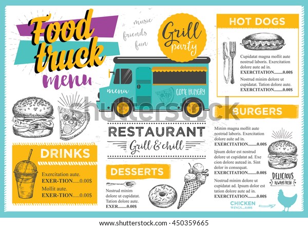 Food truck festival menu\
brochure, street food template design. Vintage creative party\
invitation with hand-drawn graphic. Vector food menu flyer. Hipster\
menu board.