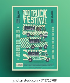 Food Truck Festival Poster Banner Flyer Template. Vintage Styled Vector Illustration. 