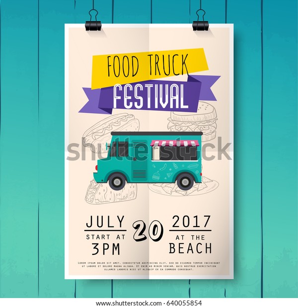 Food truck festival\
poster on wood texture background. Flat design style modern vector\
illustration concept.