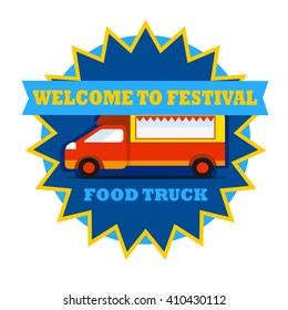 Food truck festival round emblem. 