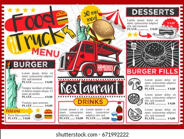 Food truck festival vector menu template design.