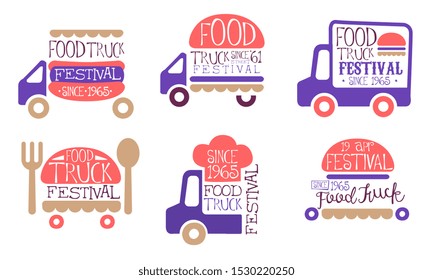 Food Truck Festival Vintage Labels Set, Street Food Signs Vector Illustration