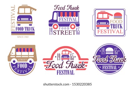 Food Truck Festival Vintage Labels Set, Street Food Emblems Vector Illustration