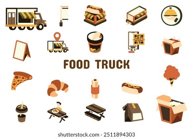 Food Truck Flat Vetor Ilustração Ícone Adesivo Definir Materiais de Design