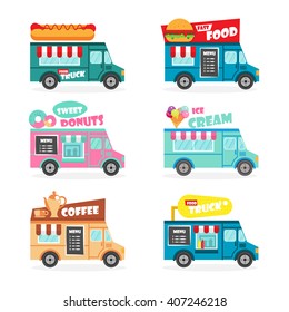 Food truck flat vector set. Fast street food van delivery, food caravan