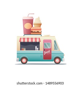 food truck. flat vector street food. vehicle and fastfood delivery transport with hamburger. illustration set of drinks or ice cream. isolated on white background