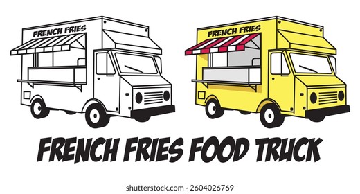Food Truck French Fresh Vector Outline, Food Truck Selling French Fries Illustration Concept