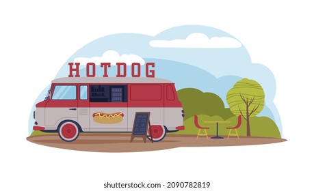 Food Truck in Green Park Area Cooking and Selling Hot Dog and Street Food Vector Illustration