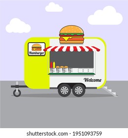 Food truck, Hamburger truck icons and objects. Vector Illustration street food bus. Hamburger shop mobile.