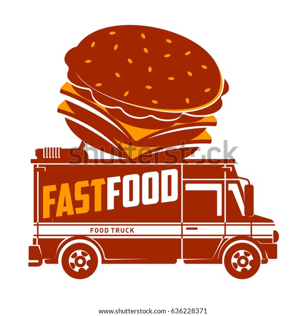 Food truck hamburger logo vector illustration.\
Vintage style labels design concept for food delivery service\
vehicles. Two colors logo templates for your design. Isolated on a\
white background