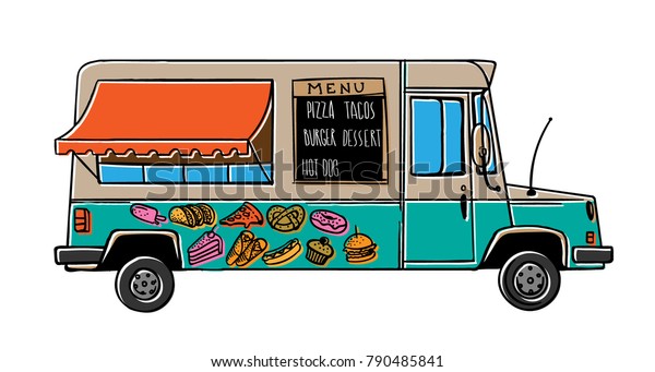 Food Truck Hand Drawn Line Art Stock Vector Royalty Free