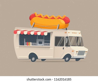 Food Truck Hot Dog. Cartoon Styled Vector Illustration.