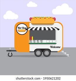 Food Truck, Hot Dog Truck Icon With Objects. Vector Illustration Street Food Trailer. Mobile Hot Dog Shop.