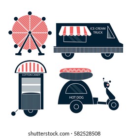 Food truck with hot dog moped, scooter, bike, car with wheel and cotton candy machine  and arrow ticket 