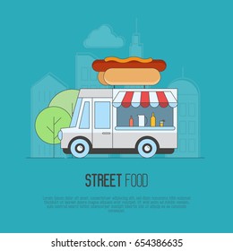 Food truck with hot dogs and lemonade on megapolis background. Modern flat thin line vector illustration.