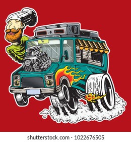 food truck hot rod big machine flaming and smoked wheels illustration hand drawing colored