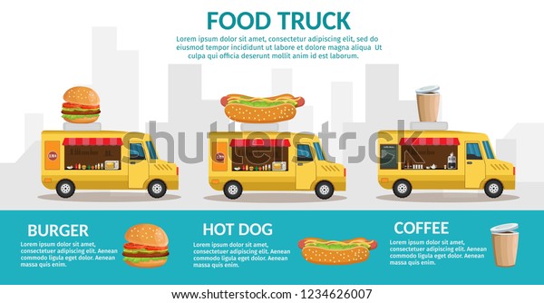 Food truck with hotdog, coffee, hamburger,\
vector street food\
background