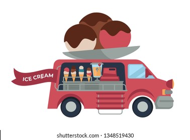 Food truck ice cream balls on plate and in waffle cone vector isolated van summer dessert chocolate topping cash machine selling street snack transport juicer vanilla and fruit flavors mobile shop