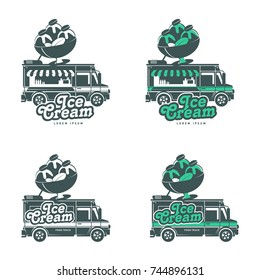 Food truck ice cream logo vector illustration. Vintage style badges and labels design concept for confectionery and food delivery service vehicles. Isolated on a white background