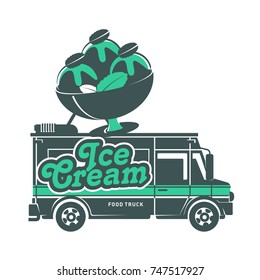 Food truck ice cream logo vector illustration. Vintage style badges and labels design concept for confectionery and food delivery service vehicles. Isolated on a white background