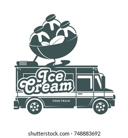 Food truck ice cream logo vector illustration. Vintage style badges and labels design concept for confectionery and food delivery service vehicles. Isolated on a white background