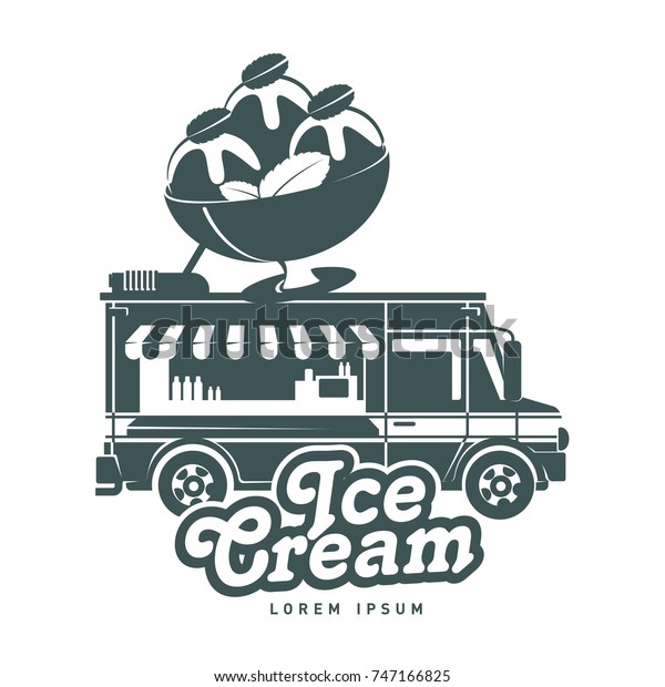 Food truck ice\
cream logo vector illustration. Vintage style badges and labels\
design concept for confectionery and food delivery service\
vehicles. Isolated on a white\
background