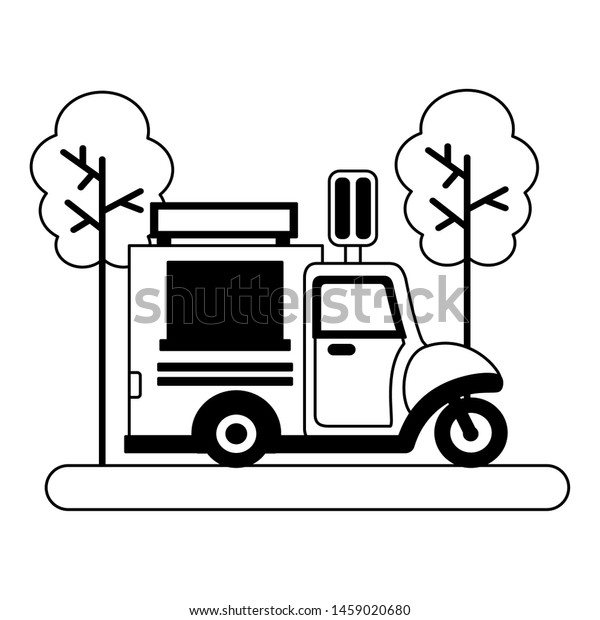food truck ice cream popsicle park street\
trees vector illustration