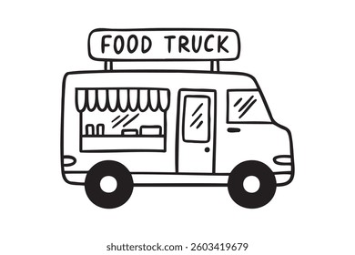 Food truck icon doodle hand drawn. Outline drawing food truck fast food line clipart symbol. Vector illustration