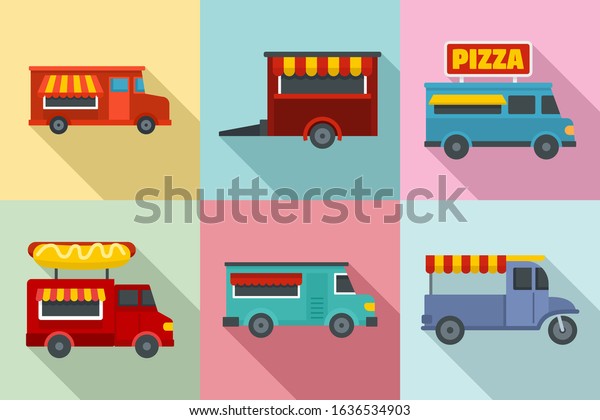 Food truck icon set. Flat set of food truck vector\
icons for web design