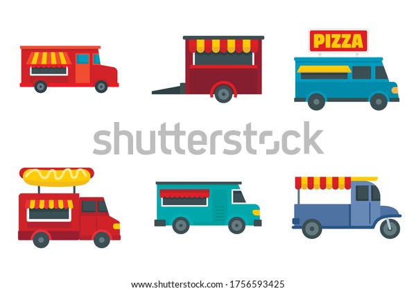 Food truck icon set. Flat set of food truck vector\
icons for web design