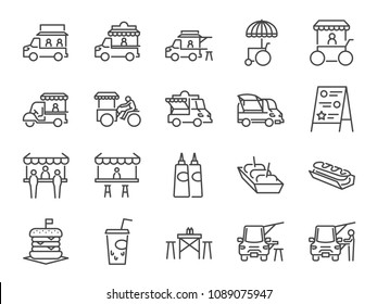 Food Truck Icon Set. Included The Icons As Flea Market, Street Food, Hamburger, Hotdog, Trailer, Business, Merchant And More.