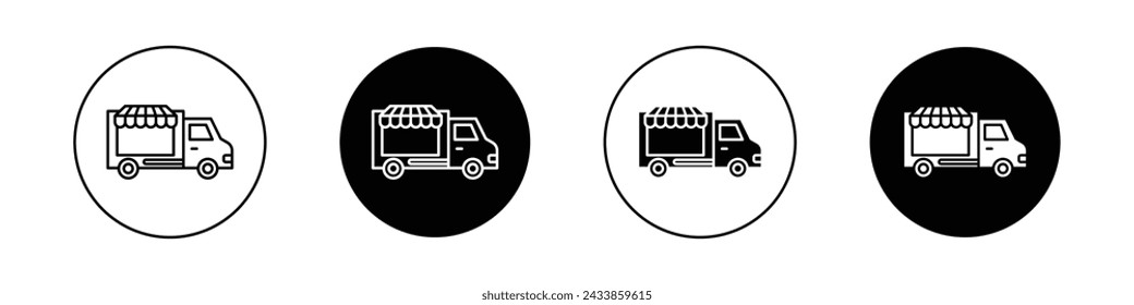 Food Truck Icon Set. Food Truck Street Vektor-Symbol in einem schwarz gefüllten und umrissenen Stil. In: Mobile Eatery Sign.