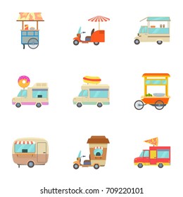 Food truck icons set. Cartoon set of 9 food truck vector icons for web isolated on white background