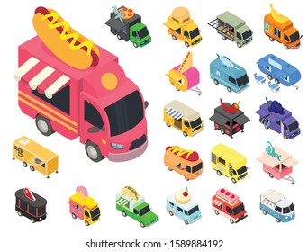 Food truck icons set. Isometric set of food truck vector icons for web design isolated on white background