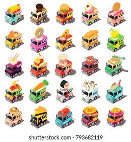 Food truck icons set. Isometric illustration of 25 food truck vector icons for web